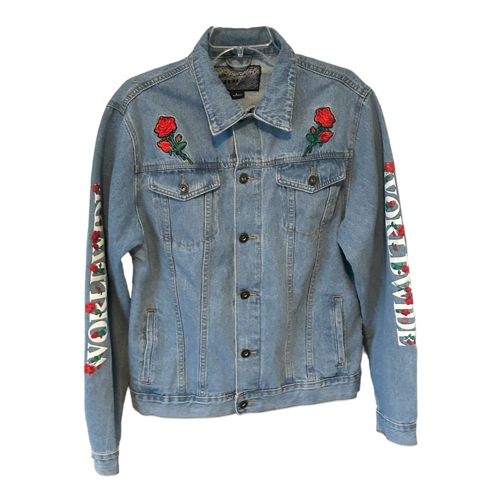 Brooklyn Cloth Women's Jean Jacket Sz LG Blue Denim Embroidered Red Rose Fall